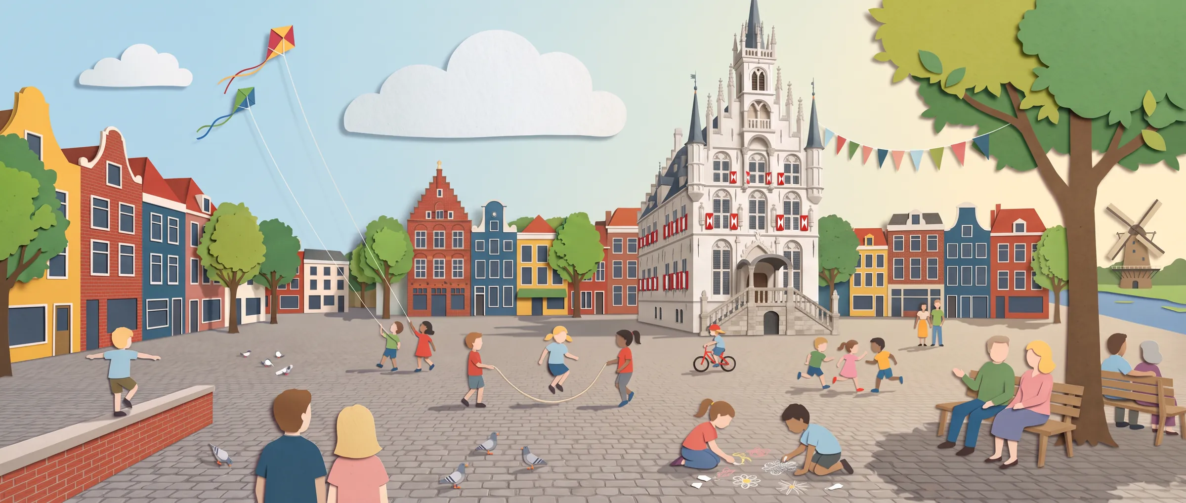 Geknipte papieren tekening van de Markt in Gouda met het Stadhuis. Kinderen vliegeren, springen touw, fietsen en tekenen met stoepkrijt, ouders praten op een bankje.