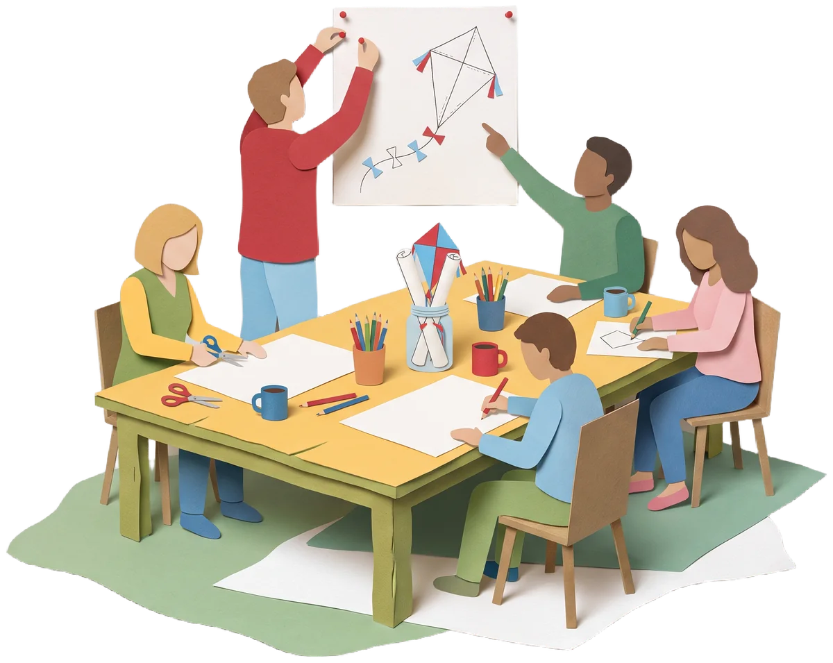 Ouders zitten rond een tafel vol papier, potloden en koffie en maken samen plannen; een van hen prikt een tekening van een vlieger op de muur.